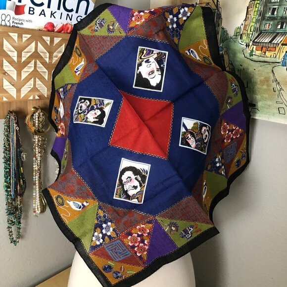 RARE Japanese Geisha Sumo Lovebirds Print Silk Scarf - NEW - Picture 1 of 11